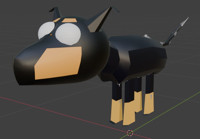 An early Blender render of Princess: a small black-and-tan dog, modeled in low
                  polygons, standing in the gray Blender viewport.